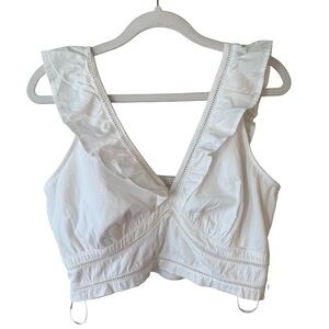 Japna White Ruffled V-Neck Crop Top Size L Boho Cottagecore Festival Cotton